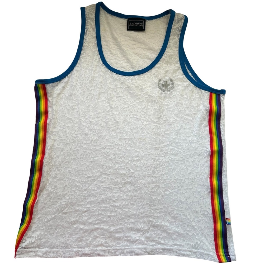 Andrew Christian Tank Top Mens XL White Lace Rainbow Pride Sheer Scoop Neck